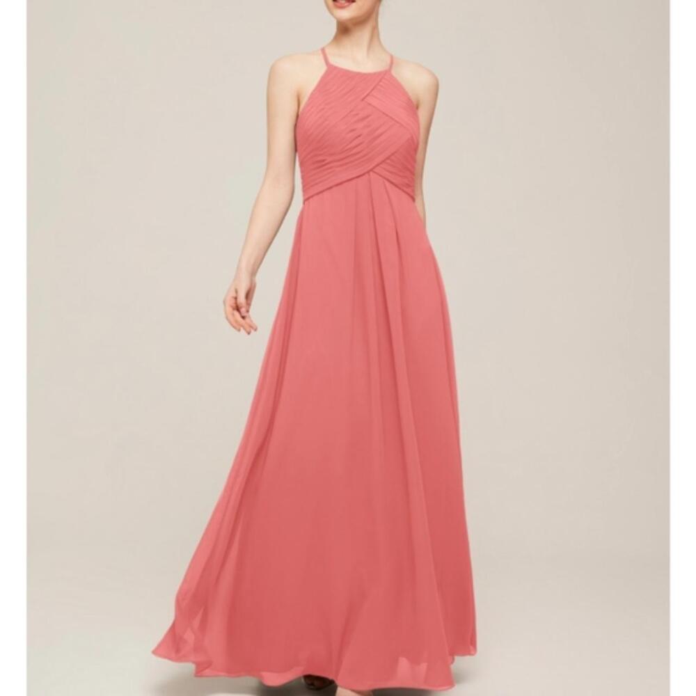AW Bridal Aderes Coral Pink Chiffon Halter Maxi Dress Size 14